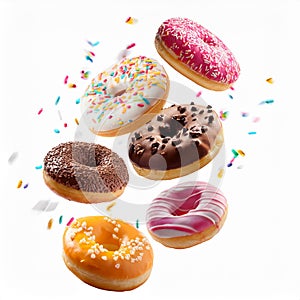 Various decorated doughnuts in motion falling on white background