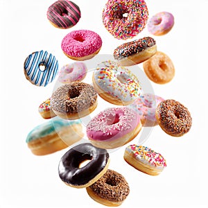 Various decorated doughnuts in motion falling on white background