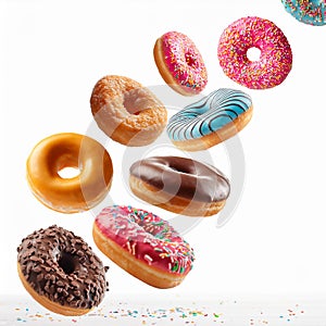 Various decorated doughnuts in motion falling on white background