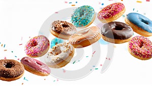 Various decorated doughnuts in motion falling on white background