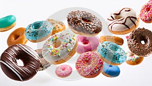 Various decorated doughnuts in motion falling on white background