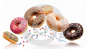 Various decorated doughnuts in motion falling on white background