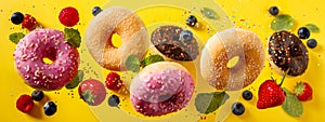 Various decorated doughnuts with sprinkles and berries in motion falling on yelloy background