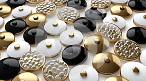 Various decorative buttons in a black, gold, and white color scheme. Background. Concept of sewing accessories, fashion