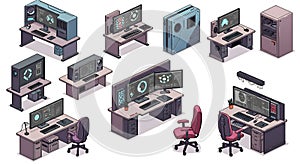 Various desk setups featuring computer workstations are illustrated. Each setup photo