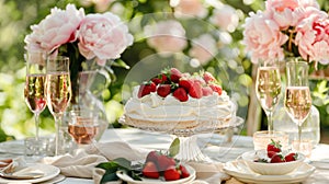 Various desserts, cake, berries and fruits.