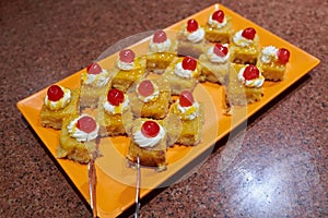 Various desserts in candy bar food buffet during hotel brunch