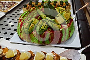 Various desserts in candy bar food buffet during hotel brunch