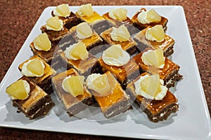 Various desserts in candy bar food buffet during hotel brunch