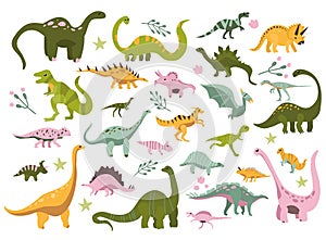 Various dino characters set.Cute hand drawn dinosaurs.Sketch Jurassic,Mesozoic reptiles.Prehistoric illustration