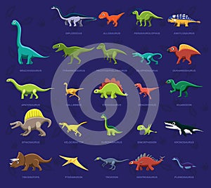 Various Dinosaur Side View Cartoon Vector Illustration