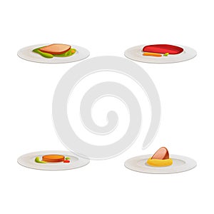 Various dish icons set cartoon vector. Meat fish and vegetable