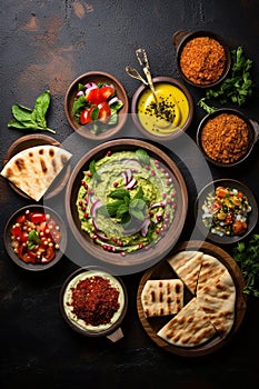 Various dishes of Arabic cuisine on the table. Selective focus.