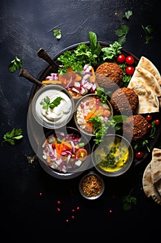 Various dishes of Arabic cuisine on the table. Selective focus.