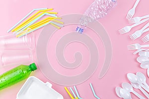 Various disposable plastic kitchenware with copy space.