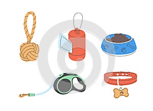 Various Dog Supplies and Equipment. Food, toys, home, collar, leash, tag, bone. Pet shop or store concept. Dog toys