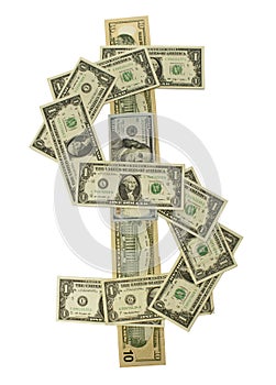 Various dollar bills aligned to shape the dollar symbol