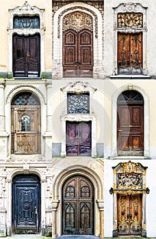 Various doors. Photo collage and travel concept