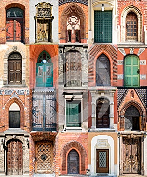 Various doors. Photo collage and travel concept