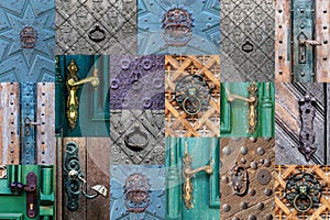 Various doors. Photo collage and travel concept