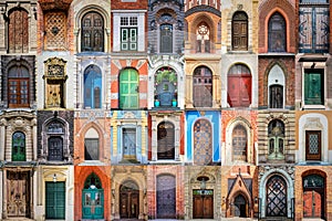 Various doors. Photo collage and travel concept