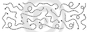 Various dotted thin arrow set. Wavy and curved dashed pointer collection. Squiggle sketchy direction lines. Dots