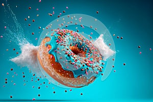 Various doughnuts isolated on blue background . Mix of multicolored sweet donuts with sprinkel on blue background