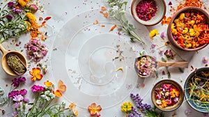 Various dried flowers and herbs spread out on a white surface, creating a natural and aromatic display for holistic