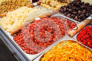 Various dried fruits on the Mahane Yehuda Market.