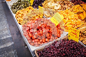 Various dried fruits on the Mahane Yehuda Market.