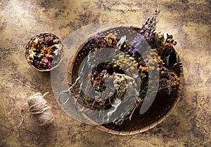 Various dried herbs and flowers for herbal tea, top view