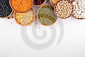 Various dried legumes, lentils, chikpeas, beans assortment