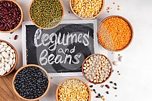 Various dried legumes, lentils, chikpeas, beans assortment