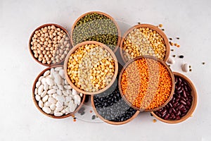 Various dried legumes, lentils, chikpeas, beans assortment
