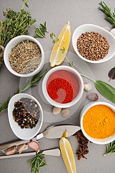 Various dried and spices and fresh seasonings on a gray table.