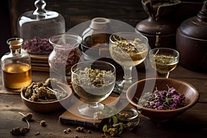 Various dried spices and herbs on a wooden table, AI Generated