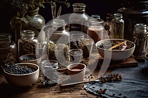 Various dried spices and herbs on a wooden table, AI Generated