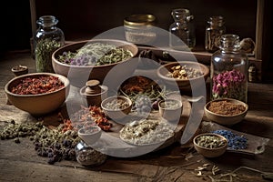 Various dried spices and herbs on a wooden table, AI Generated