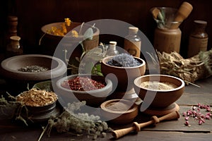 Various dried spices and herbs on a wooden table, AI Generated