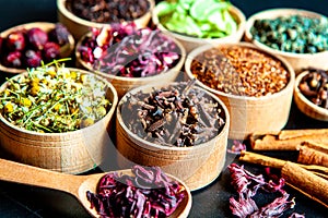 Various dried tea leaves in wooden bowl