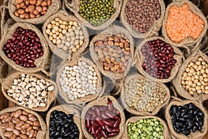 Various dry legumes in a sack cloth, Different dry legumes