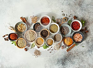 Various dry spices in small bowls and raw herbs flat lay on grey background