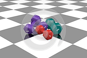 Various dumbbells on black and white ground with reflection