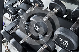 Various dumbbells with knurled handlebars and labeled weights on a tiered dumbbell rack at the gym. Weight training equipment