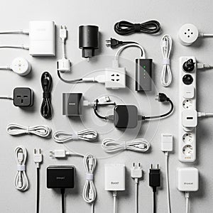 Various electronic adapters, chargers, and plug