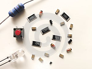 Various electronic components, resistance, capacitors, diodes, tact photo