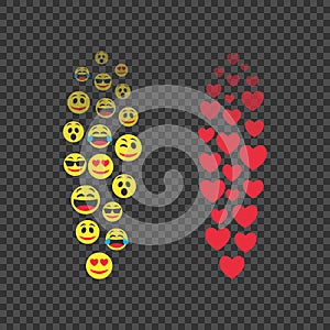 Various emoji in move. Red hearts in move. Expression of audience emotions. The level of popularity of video broadcasts of users.