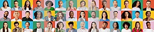 Various emotions collage. Set of muticultural people faces expressing their feelings on bright colorful backgrounds