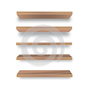 Various empty wooden store shelves set. Grocery rack. Vector