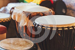 Various ethnic percussion musical instruments djembe drums